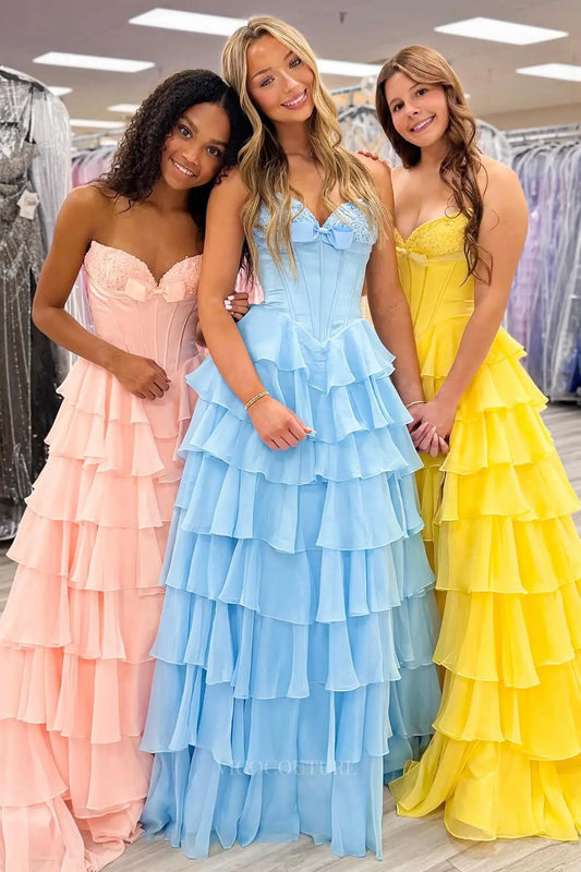 Prom Dresses 2025 to impress Romantic Tiered Ruffle Prom Dress with Lace Sweetheart Corset Bodice, Bow Detail & High Slit – 26155-vigocouture-Custom Colors(Add Note in Cart)-US 0-vigocouture