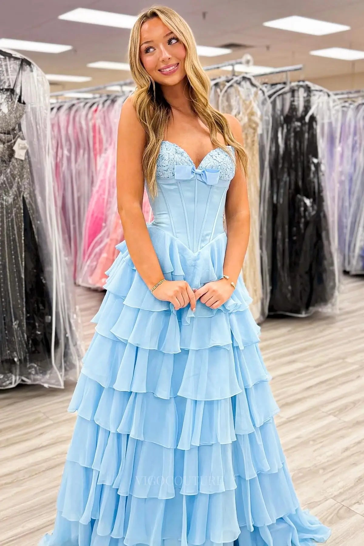 Prom Dresses 2025 to impress Romantic Tiered Ruffle Prom Dress with Lace Sweetheart Corset Bodice, Bow Detail & High Slit – 26155-vigocouture-Light Blue-US 0-vigocouture