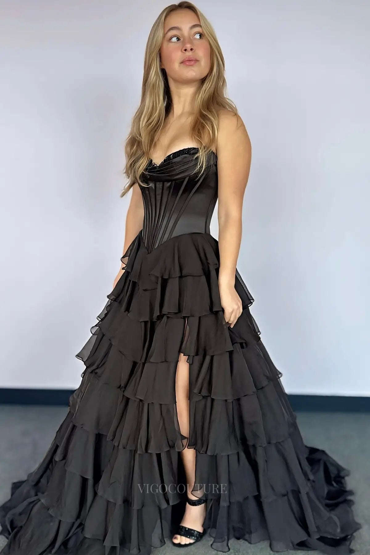 Prom Dresses 2025 to impress Romantic Tiered Ruffle Prom Dress with Lace-Trimmed Cowl Corset Bodice & High Slit – 26153-vigocouture-Black-US 0-vigocouture