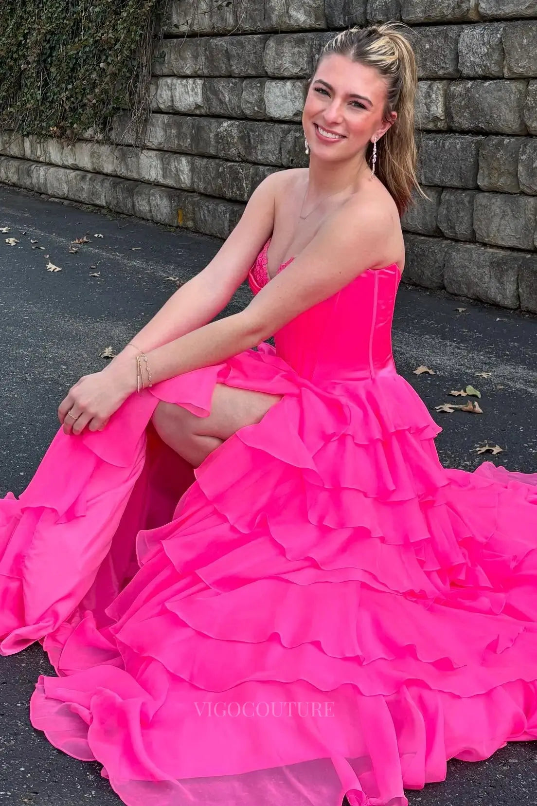 Prom Dresses 2025 to impress Romantic Tiered Ruffle Prom Dress with Lace-Trimmed Cowl Corset Bodice & High Slit – 26153-vigocouture-Fuchsia-US 0-vigocouture