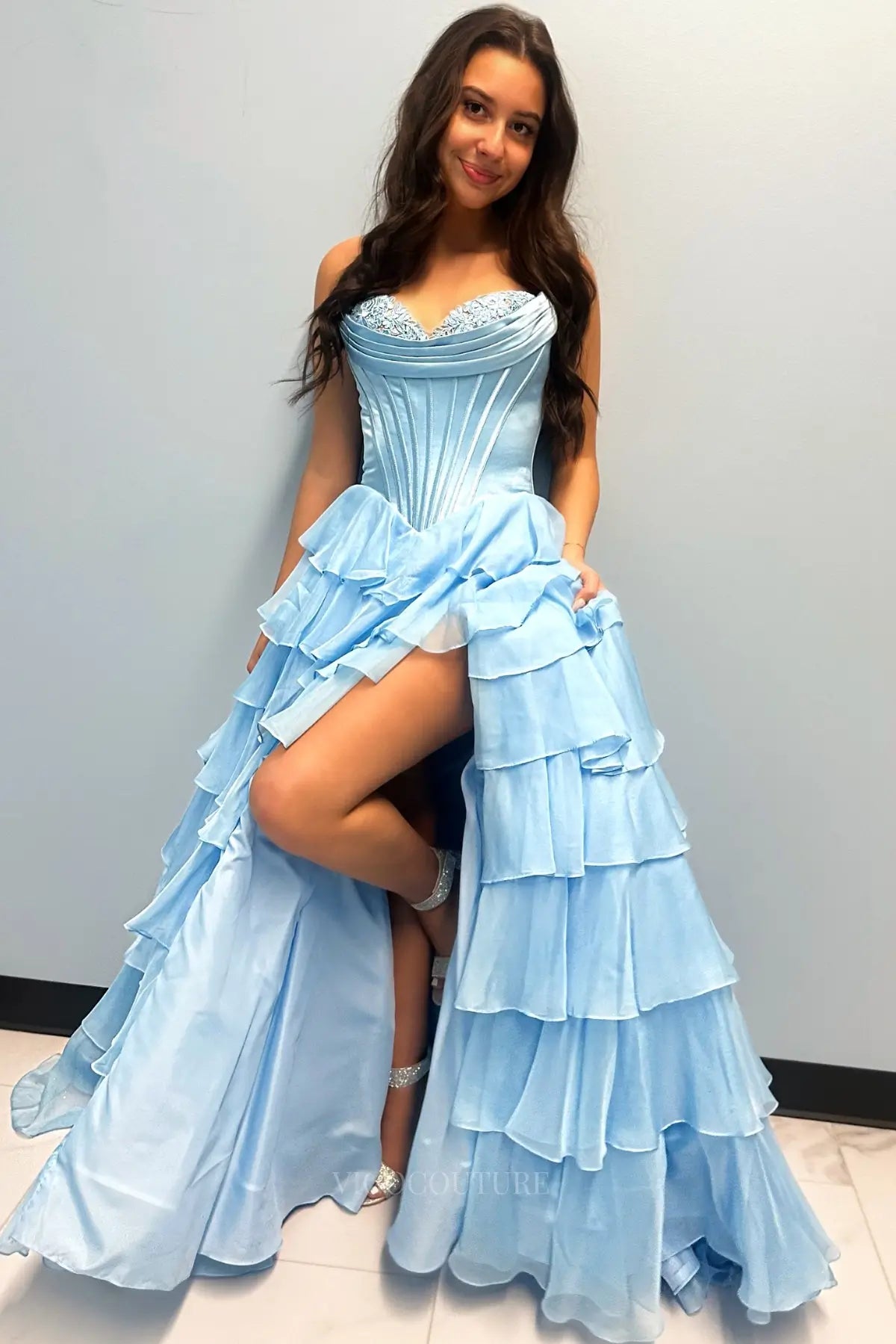 Prom Dresses 2025 to impress Romantic Tiered Ruffle Prom Dress with Lace-Trimmed Cowl Corset Bodice & High Slit – 26153-vigocouture-Light Blue-US 0-vigocouture