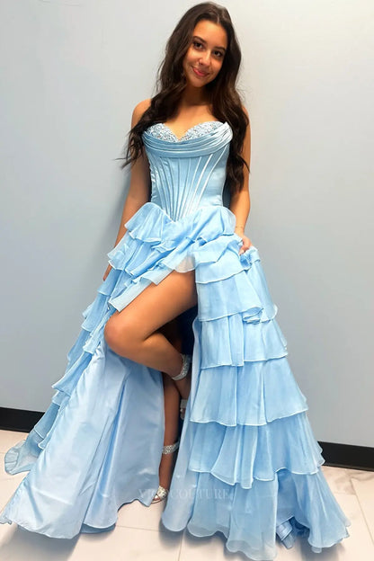 Prom Dresses 2025 to impress Romantic Tiered Ruffle Prom Dress with Lace-Trimmed Cowl Corset Bodice & High Slit – 26153-vigocouture-Light Blue-US 0-vigocouture