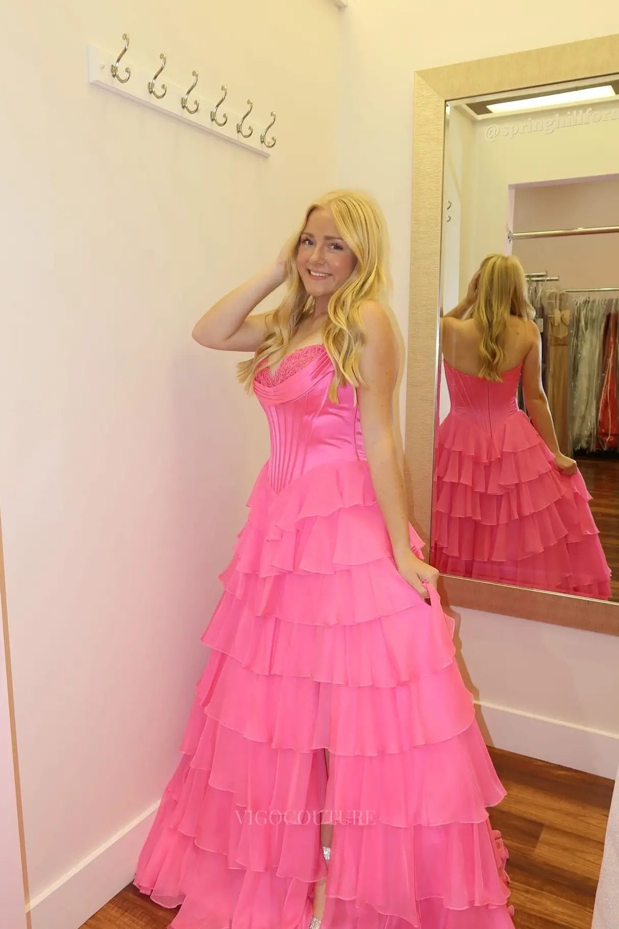 Prom Dresses 2025 to impress Romantic Tiered Ruffle Prom Dress with Lace-Trimmed Cowl Corset Bodice & High Slit – 26153-vigocouture-Pink-US 0-vigocouture