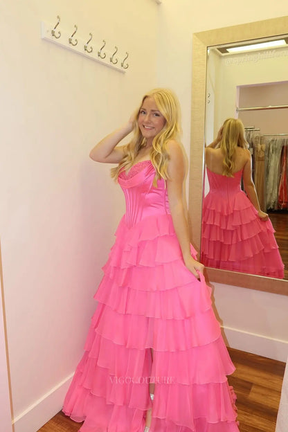 Prom Dresses 2025 to impress Romantic Tiered Ruffle Prom Dress with Lace-Trimmed Cowl Corset Bodice & High Slit – 26153-vigocouture-Pink-US 0-vigocouture