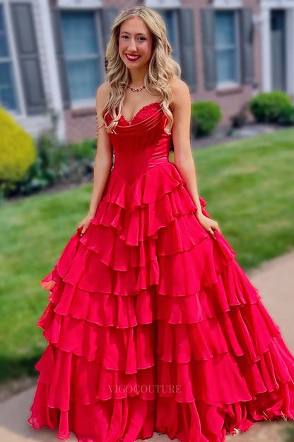 Prom Dresses 2025 to impress Romantic Tiered Ruffle Prom Dress with Lace-Trimmed Cowl Corset Bodice & High Slit – 26153-vigocouture-Red-US 0-vigocouture
