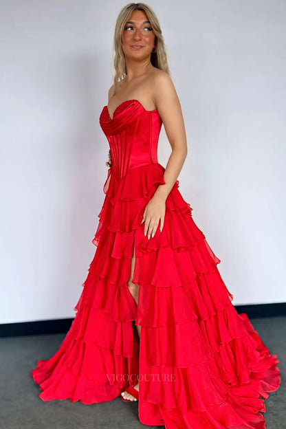 Prom Dresses 2025 to impress Romantic Tiered Ruffle Prom Dress with Lace-Trimmed Cowl Corset Bodice & High Slit – 26153-vigocouture-vigocouture