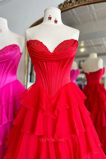 Prom Dresses 2025 to impress Romantic Tiered Ruffle Prom Dress with Lace-Trimmed Cowl Corset Bodice & High Slit – 26153-vigocouture-vigocouture