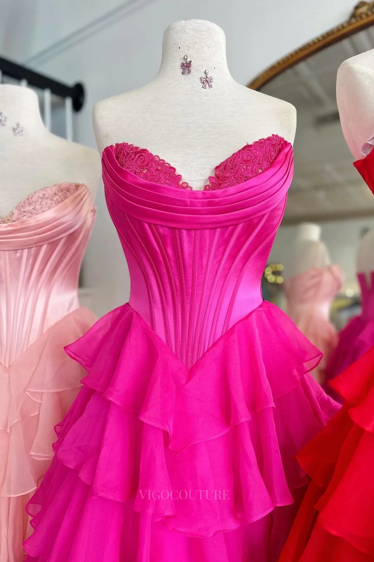 Tiered Ruffle Prom Dress with Lace-Trimmed Cowl Corset  26153  vigocouture