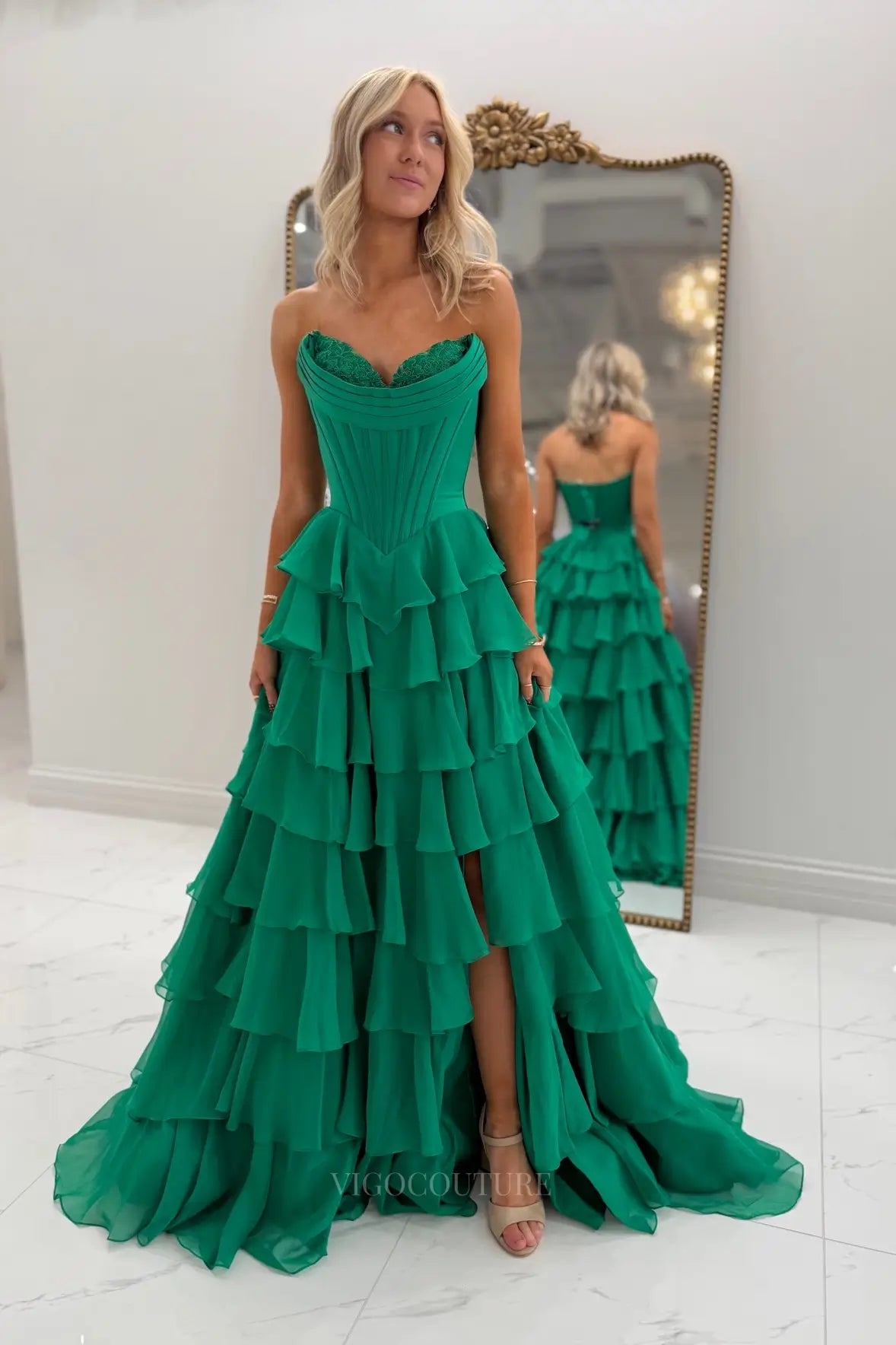 Prom Dresses 2025 to impress Romantic Tiered Ruffle Prom Dress with Lace-Trimmed Cowl Corset Bodice & High Slit – 26153-vigocouture-vigocouture
