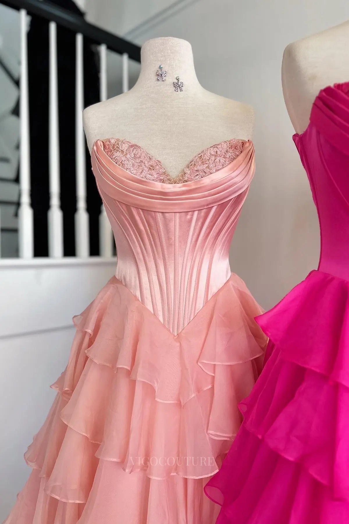 Prom Dresses 2025 to impress Romantic Tiered Ruffle Prom Dress with Lace-Trimmed Cowl Corset Bodice & High Slit – 26153-vigocouture-vigocouture