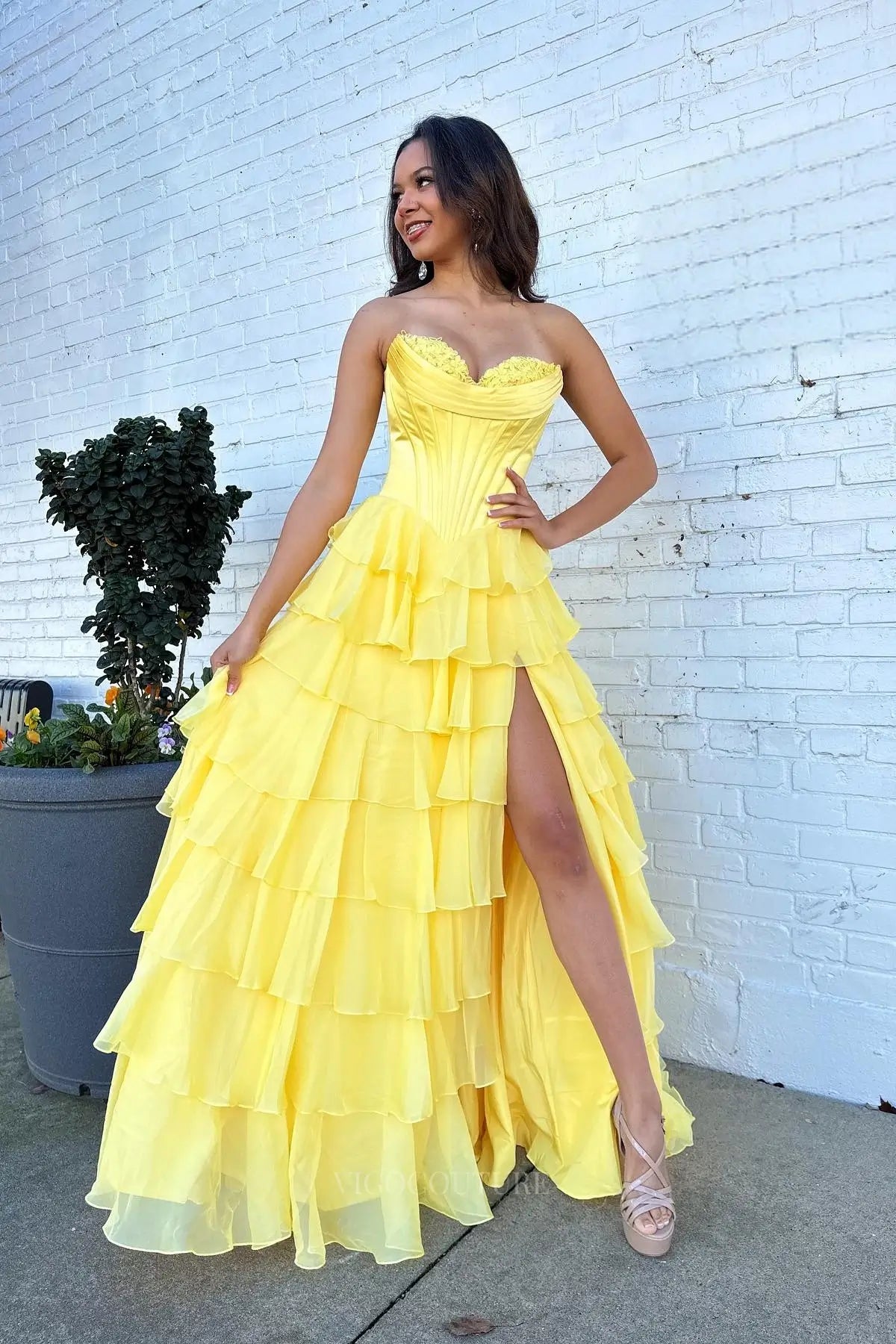 Prom Dresses 2025 to impress Romantic Tiered Ruffle Prom Dress with Lace-Trimmed Cowl Corset Bodice & High Slit – 26153-vigocouture-vigocouture
