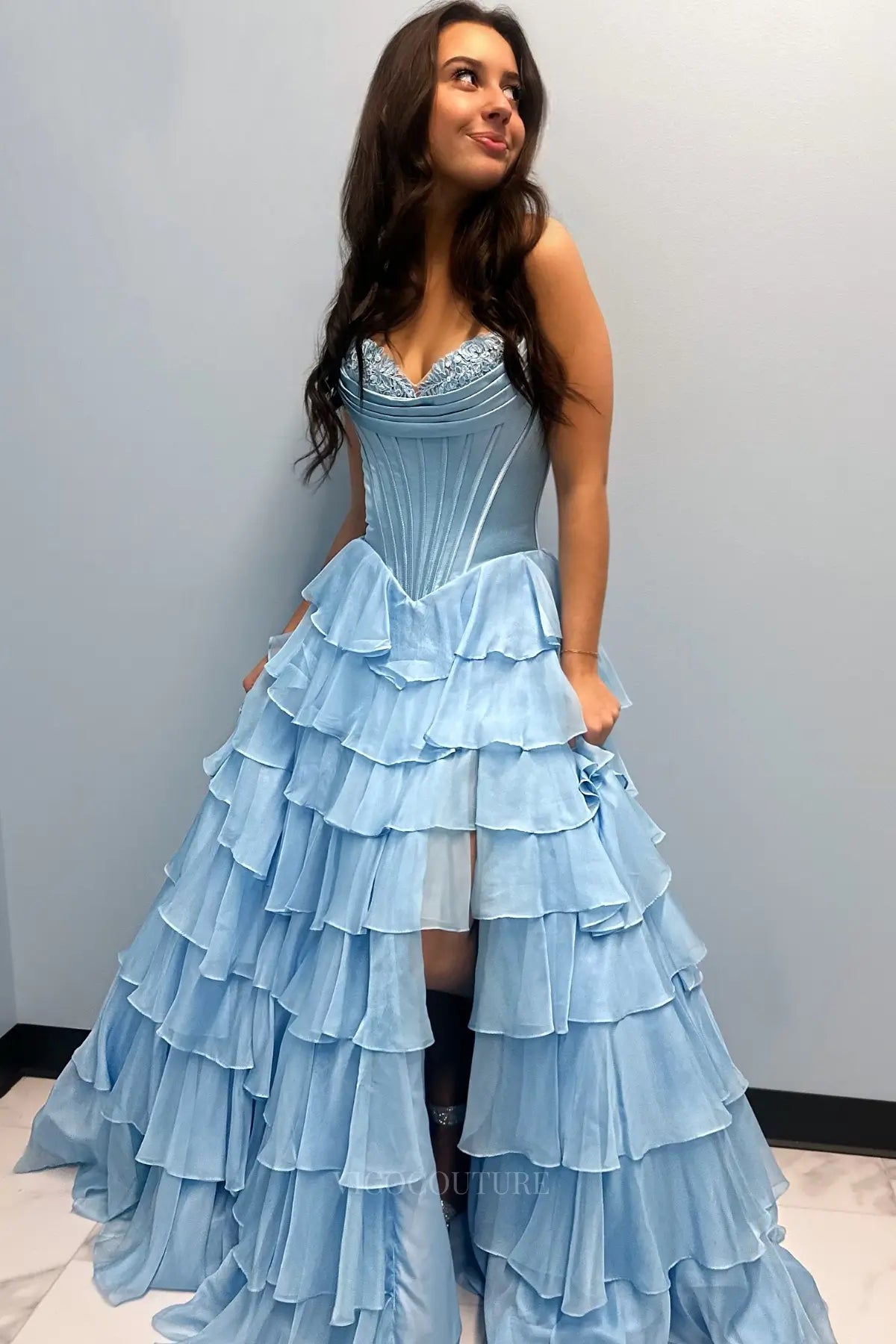 Prom Dresses 2025 to impress Romantic Tiered Ruffle Prom Dress with Lace-Trimmed Cowl Corset Bodice & High Slit – 26153-vigocouture-vigocouture