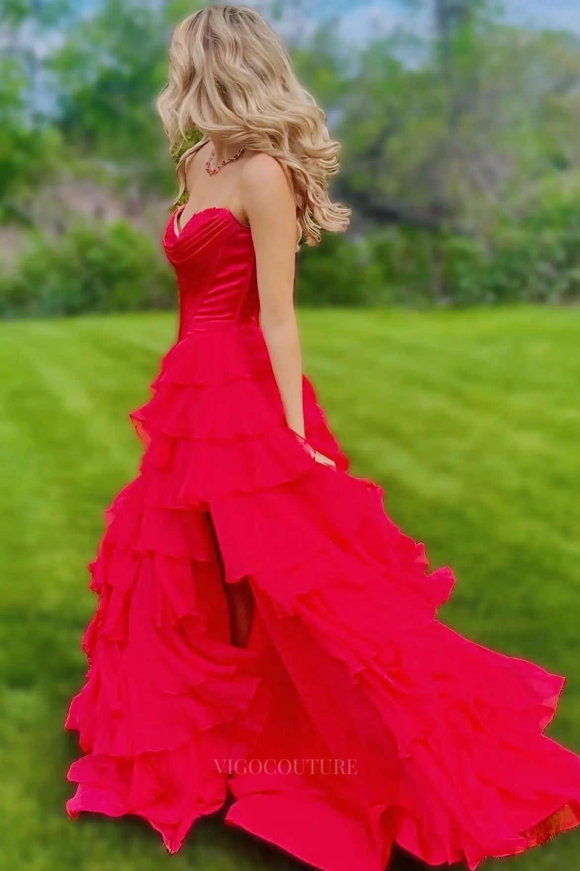 Prom Dresses 2025 to impress Romantic Tiered Ruffle Prom Dress with Lace-Trimmed Cowl Corset Bodice & High Slit – 26153-vigocouture-vigocouture