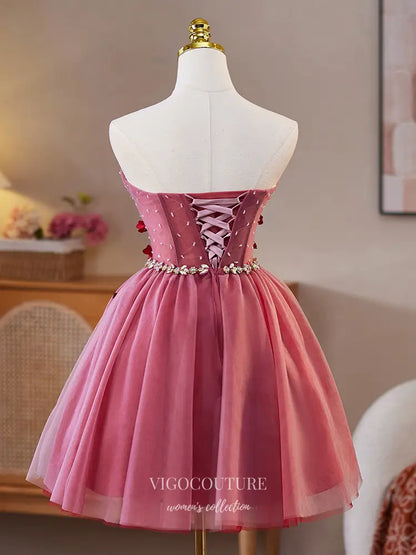 Prom Dresses 2025 to impress Rose Pink Tulle Homecoming Dress with Red Petal Appliqués & Rhinestone Waist – hc478-vigocouture-vigocouture