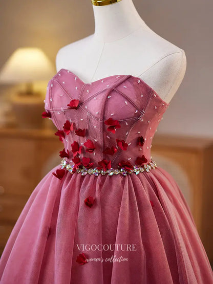 Prom Dresses 2025 to impress Rose Pink Tulle Homecoming Dress with Red Petal Appliqués & Rhinestone Waist – hc478-vigocouture-vigocouture