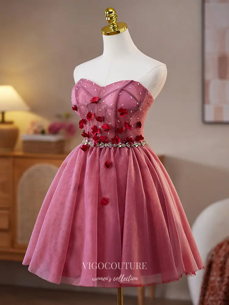 Prom Dresses 2025 to impress Rose Pink Tulle Homecoming Dress with Red Petal Appliqués & Rhinestone Waist – hc478-vigocouture-Pink-Custom Size-vigocouture