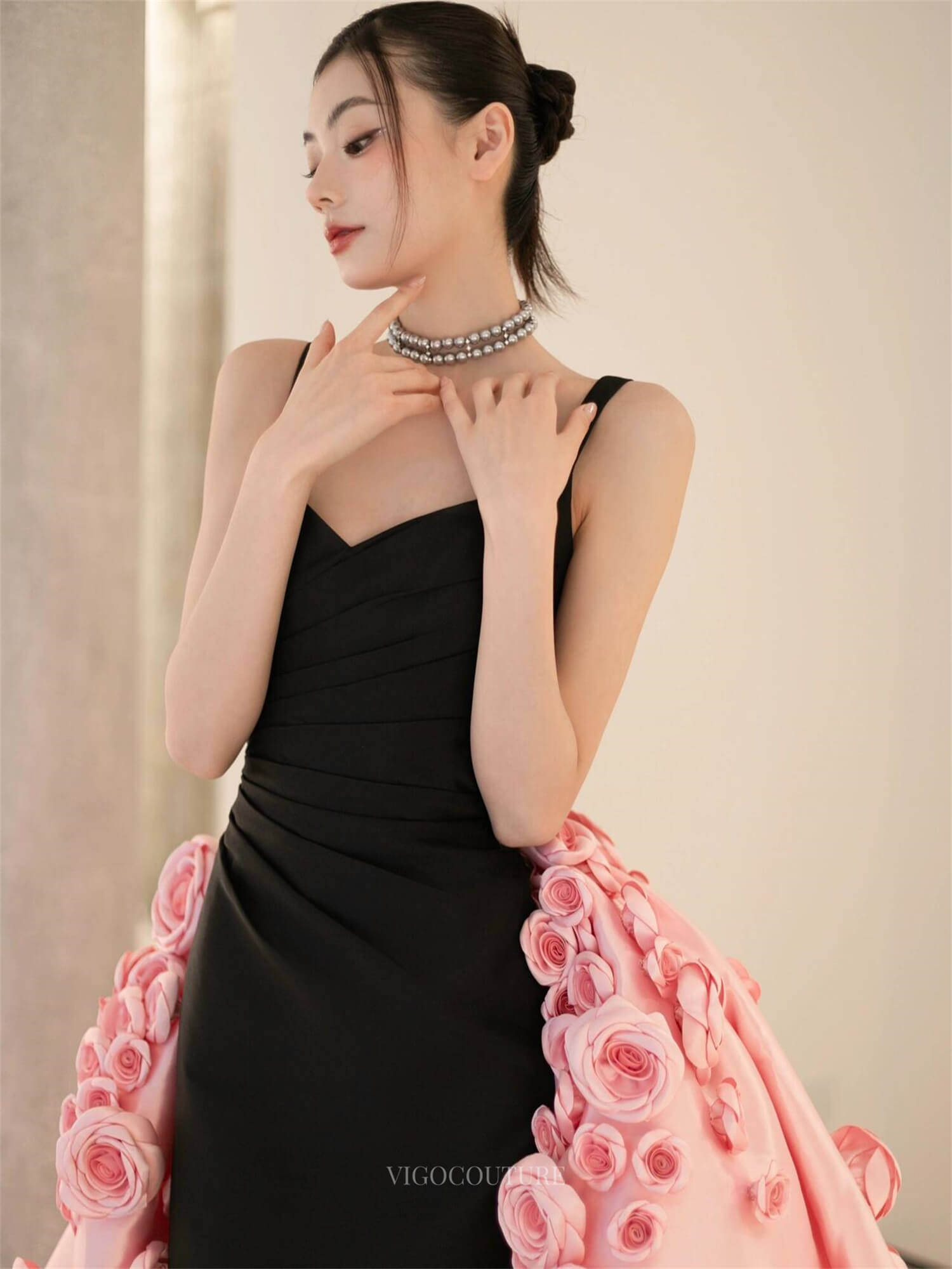 Rosella - Black Pink Rosette Dress Custom Colors / US14 Rosella - Black Pink Rosette Dress Custom Colors / US14