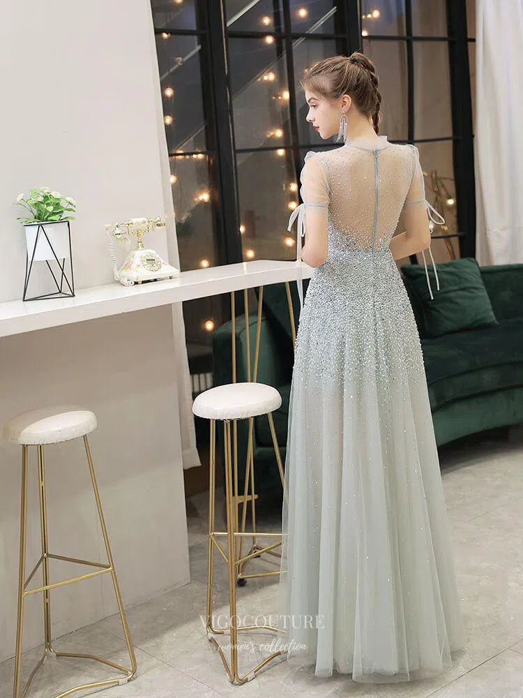 Prom Dress 2025 Round Neck Beaded Prom Dresses Short Sleeve A-line Evening Dresses 20113-unique elegant Prom Dresses-Silver-US2-vigocouture