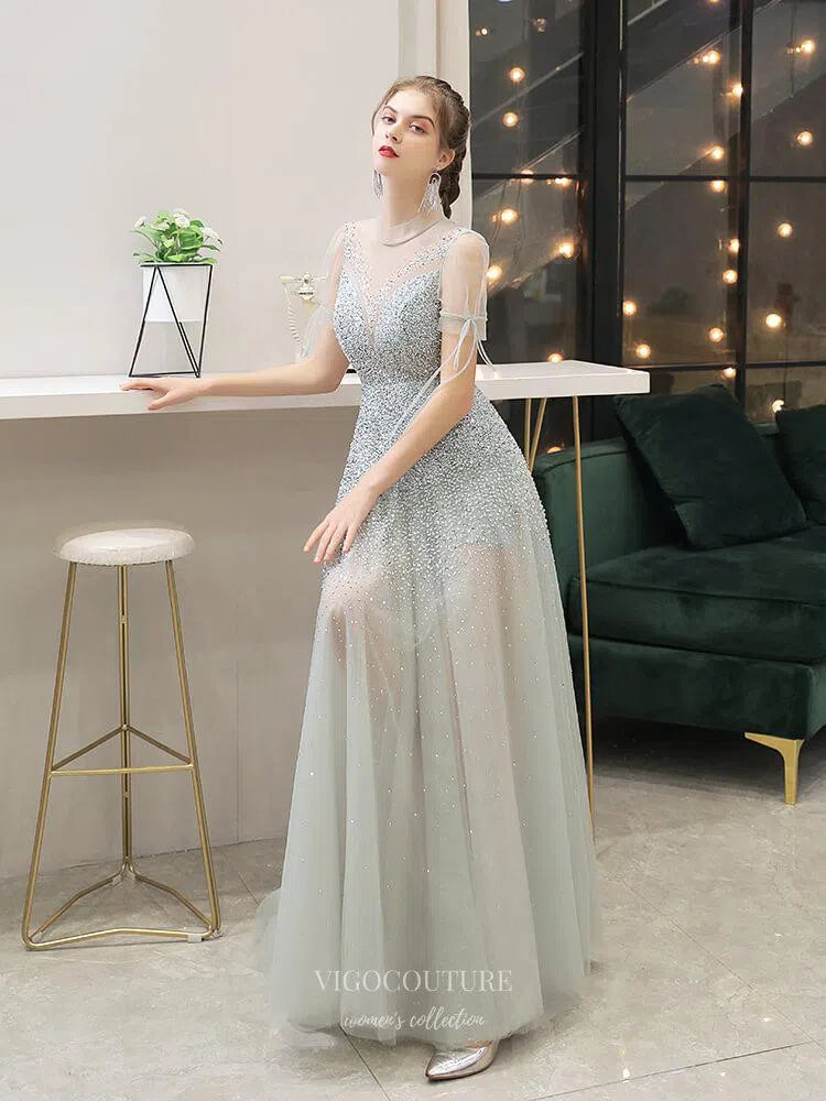 Prom Dress 2025 Round Neck Beaded Prom Dresses Short Sleeve A-line Evening Dresses 20113-unique elegant Prom Dresses-Silver-US2-vigocouture