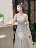 Prom Dress 2025 Round Neck Beaded Prom Dresses Short Sleeve A-line Evening Dresses 20113-unique elegant Prom Dresses-Silver-US2-vigocouture