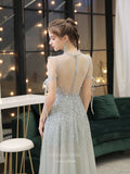 Prom Dress 2025 Round Neck Beaded Prom Dresses Short Sleeve A-line Evening Dresses 20113-unique elegant Prom Dresses-Silver-US2-vigocouture