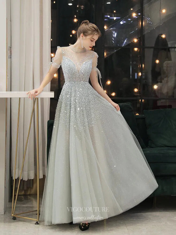 Prom Dress 2025 Round Neck Beaded Prom Dresses Short Sleeve A-line Evening Dresses 20113-unique elegant Prom Dresses-Silver-US2-vigocouture