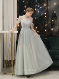 Round Neck Beaded Prom Dresses Short Sleeve A-line Evening Dresses 20113