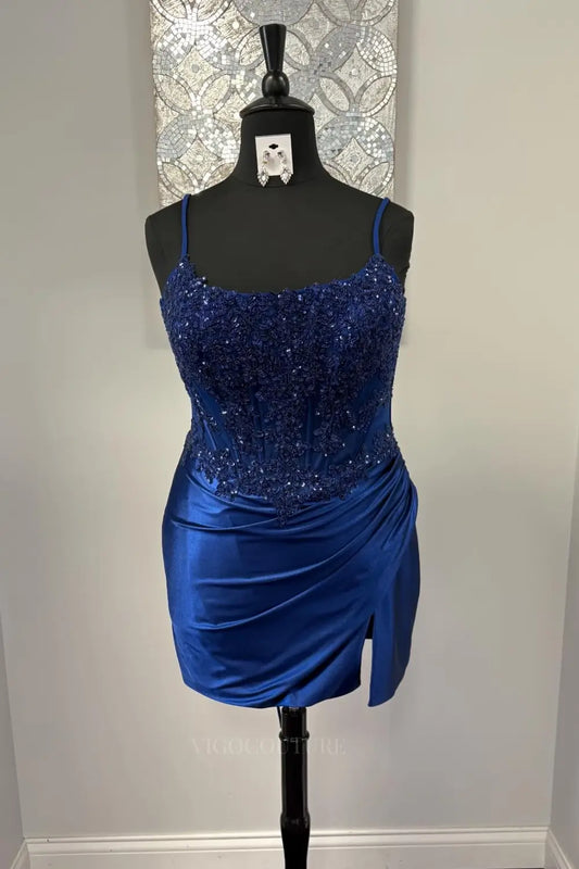 Prom Dresses 2025 to impress Royal Blue Beaded Lace Corset Homecoming Dress with Spaghetti Straps and Draped Satin Slit Skirt - H26017-vigocouture-vigocouture