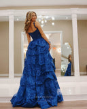 Prom Dress 2025 Royal Blue Beaded Lace Prom Dresses with Slit Ruffled Evening Dress 24052-unique elegant Prom Dresses-Royal Blue-Custom Size-vigocouture