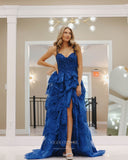 Prom Dress 2025 Royal Blue Beaded Lace Prom Dresses with Slit Ruffled Evening Dress 24052-unique elegant Prom Dresses-Royal Blue-Custom Size-vigocouture