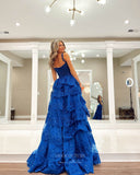 Prom Dress 2025 Royal Blue Beaded Lace Prom Dresses with Slit Ruffled Evening Dress 24052-unique elegant Prom Dresses-Royal Blue-Custom Size-vigocouture