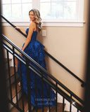 Prom Dress 2025 Royal Blue Beaded Lace Prom Dresses with Slit Ruffled Evening Dress 24052-unique elegant Prom Dresses-Royal Blue-Custom Size-vigocouture