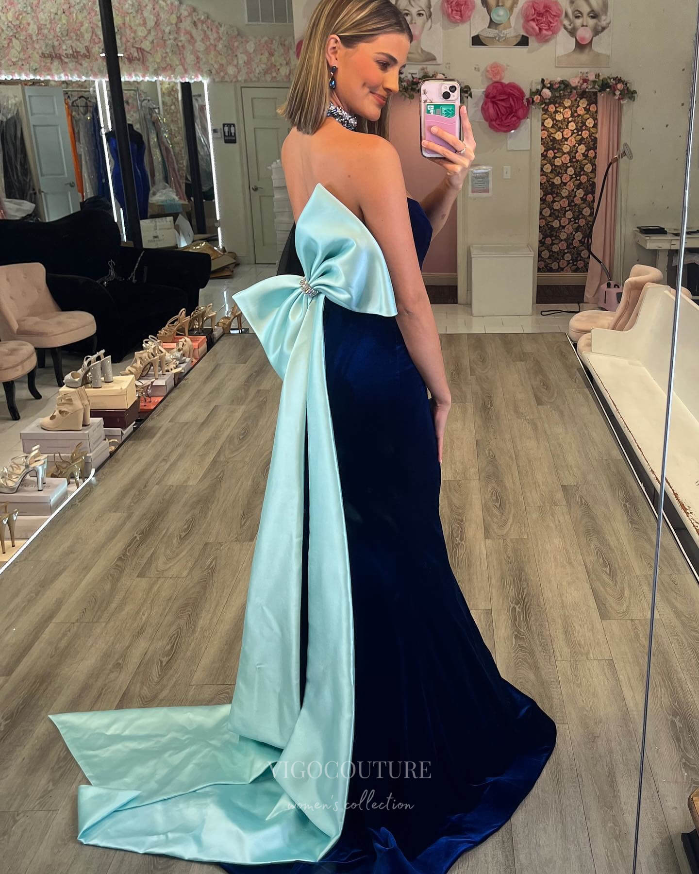 Prom Dress 2025 Royal Blue Bow-Tie Velvet Prom Dresses Mermaid Sweetheart Neck 24350-unique elegant Prom Dresses-Royal Blue-Custom Size-vigocouture