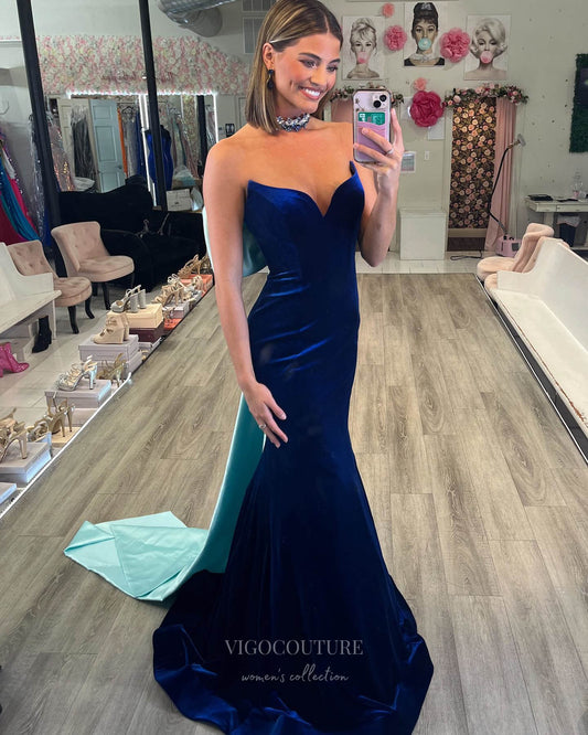 Prom Dress 2025 Royal Blue Bow-Tie Velvet Prom Dresses Mermaid Sweetheart Neck 24350-unique elegant Prom Dresses-Royal Blue-Custom Size-vigocouture