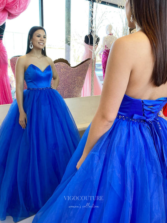 Prom Dress 2025 Royal Blue Organza Cheap Prom Dresses Strapless Satin Sweetheart Neck 24131-unique elegant Prom Dresses-Royal Blue-Custom Size-vigocouture