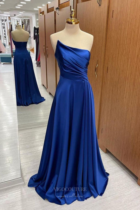 Prom Dress 2025 Royal Blue Satin Cheap Prom Dresses 2024 Strapless Pleated Bodice 24269-unique elegant Prom Dresses-Royal Blue-Custom Size-vigocouture