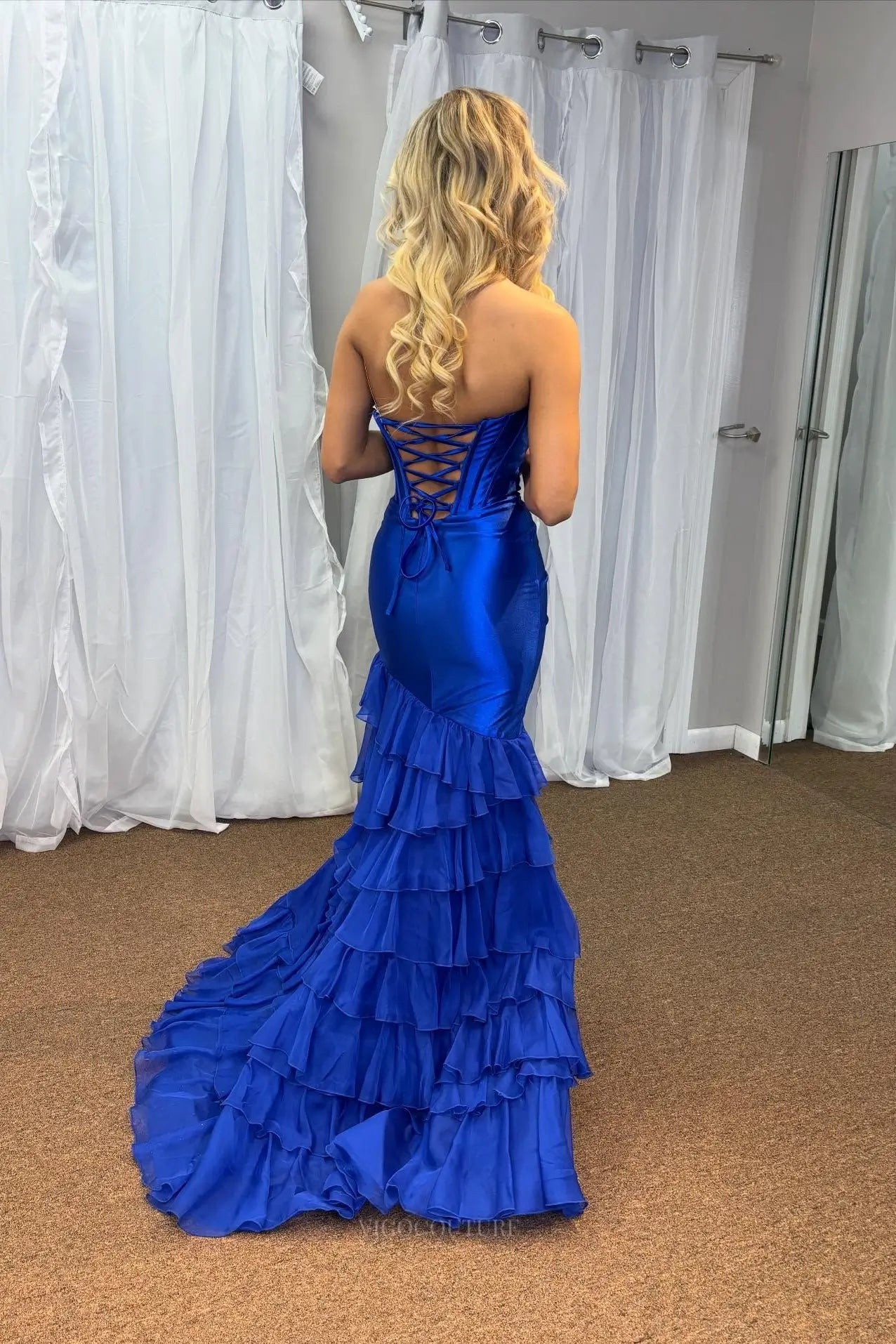 Royal Blue Satin Mermaid Prom Dress with Tiered Ruffle Slit – 26076 – vigocouture