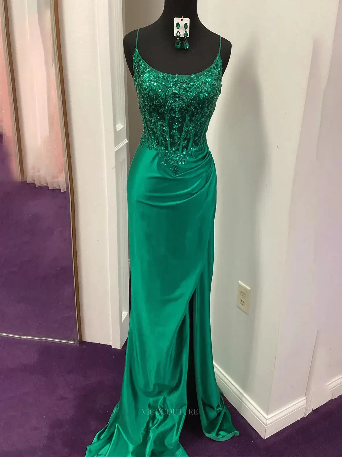 Prom Dresses 2025 to impress Royal Blue Satin Mermaid Prom Dresses 2025 Spaghetti Strap Formal Dresses with Slit – 25144-vigocouture-Green-Custom Size-vigocouture