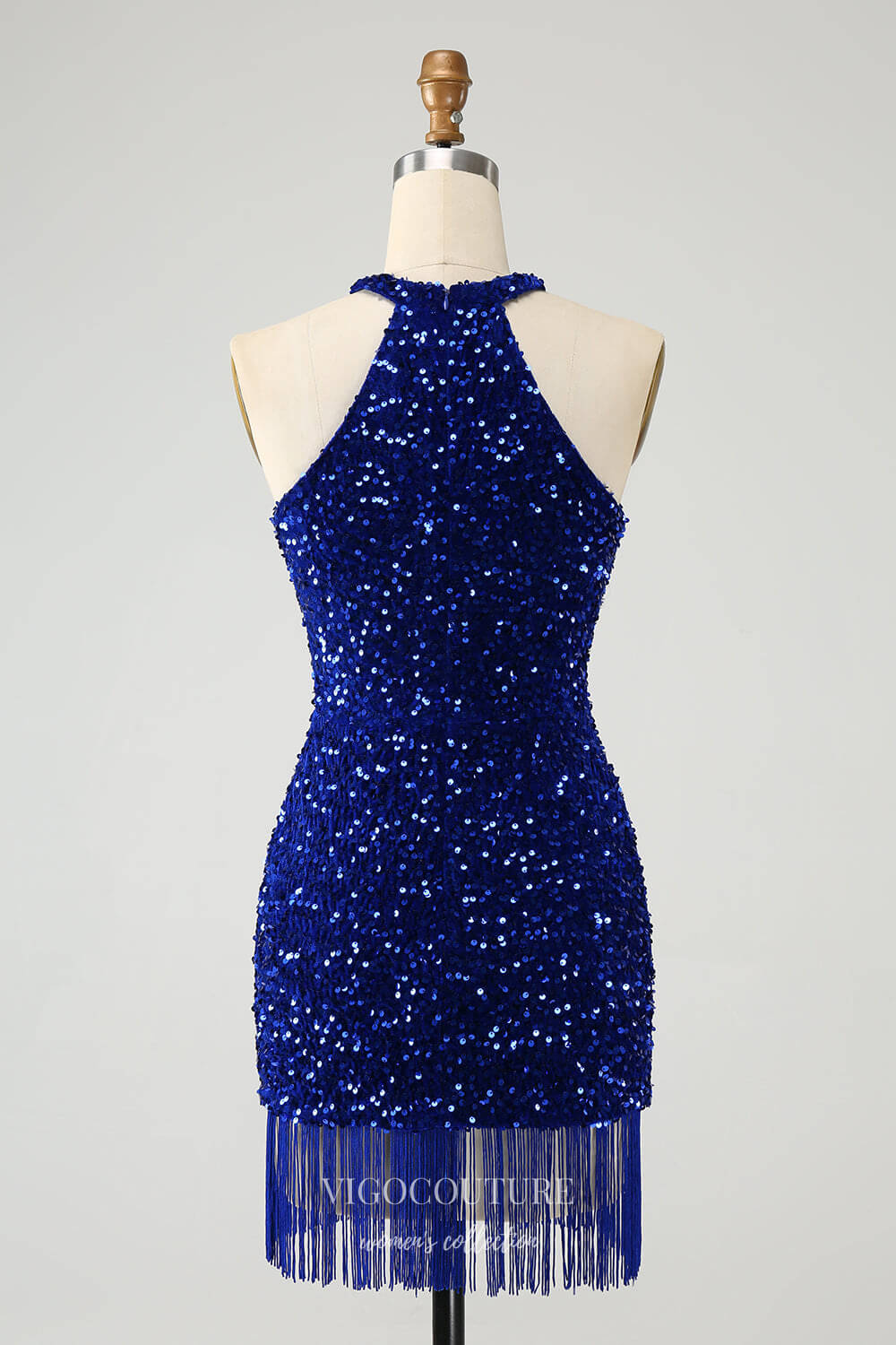 Royal Blue Sequin Homecoming Dresses Tassels Halter Neck Bodycon Dress vigocouture Royal Blue Sequin Homecoming Dresses Tassels Halter Neck Bodycon Dress vigocouture
