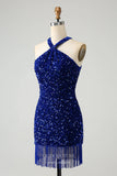 Short Prom Dresses 2025 Royal Blue Sequin Homecoming Dresses Tassels Halter Neck Bodycon Dress hc354-Prom Dresses-vigocouture-vigocouture