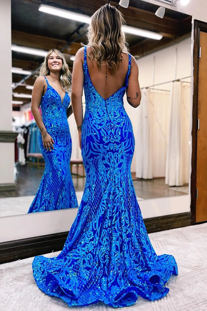 Prom Dresses 2025 to impress Royal Blue Sequin Lace Mermaid Prom Dress with Deep V Neck and Open Back – 26117-vigocouture-vigocouture
