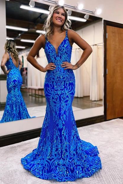 Prom Dresses 2025 to impress Royal Blue Sequin Lace Mermaid Prom Dress with Deep V Neck and Open Back – 26117-vigocouture-vigocouture