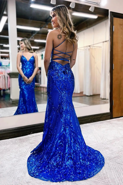 Prom Dresses 2025 to impress Royal Blue Swirl Sequin Mermaid Prom Dress with Spaghetti Straps & Lace-Up Open Back – 26119-vigocouture-vigocouture