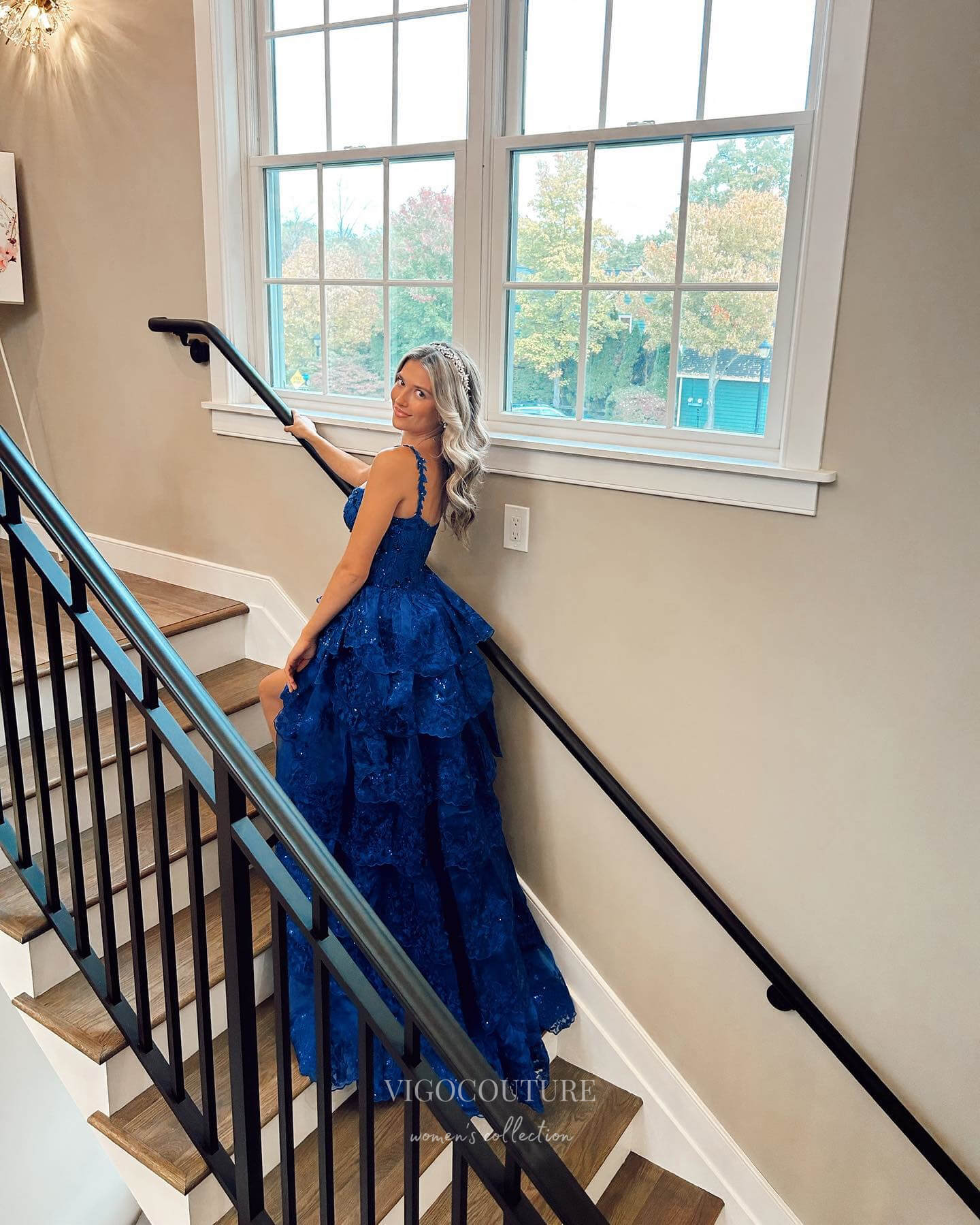 Royal Blue Tiered Sequin Lace Prom Dresses with Slit & Spaghetti Strap – vigocouture