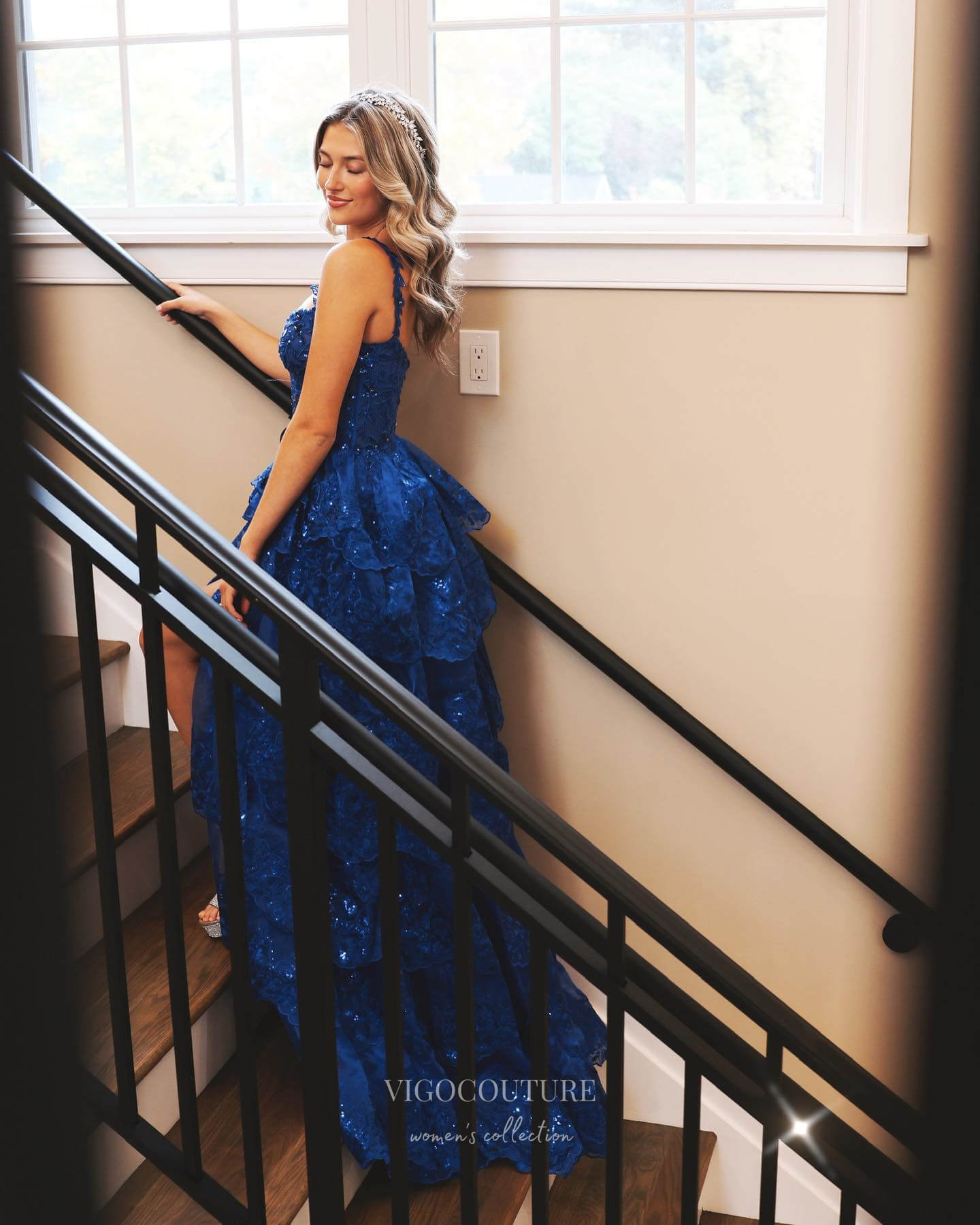Royal Blue Tiered Sequin Lace Prom Dresses with Slit & Spaghetti Straps - 24052 Custom Colors / US16 Royal Blue Tiered Sequin Lace Prom Dresses with Slit & Spaghetti Straps - 24052 Custom Colors / US16