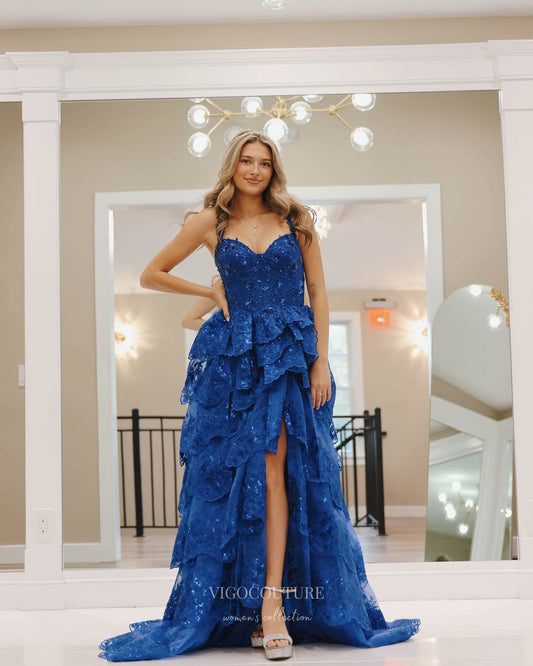 Prom Dress 2025 Royal Blue Beaded Lace Prom Dresses with Slit Ruffled Evening Dress 24052-unique elegant Prom Dresses-Royal Blue-Custom Size-vigocouture