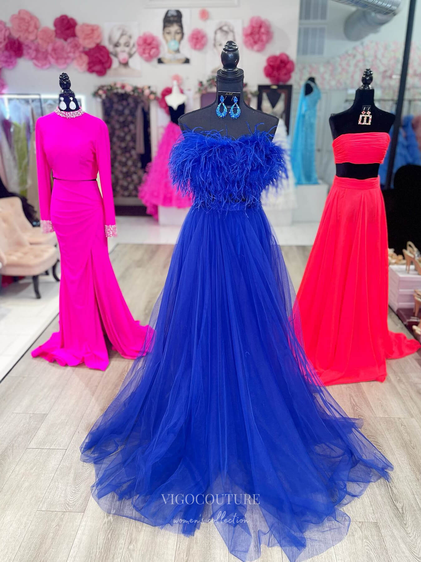 Royal Blue Two-Piece Prom Dresses 2024 Feather Bodice Tulle Bottom 24221 Custom Colors / 24W Royal Blue Two-Piece Prom Dresses 2024 Feather Bodice Tulle Bottom 24221 Custom Colors / 24W