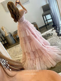 Prom Dress 2025 Rruffled Sparkly Tulle Prom Dresses Plunging V-Neck Lace Applique Formal Gown 22033-unique elegant Prom Dresses-Pink-US2-vigocouture