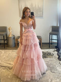 Prom Dress 2025 Rruffled Sparkly Tulle Prom Dresses Plunging V-Neck Lace Applique Formal Gown 22033-unique elegant Prom Dresses-Pink-US2-vigocouture