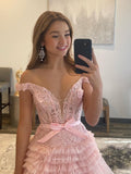 Prom Dress 2025 Rruffled Sparkly Tulle Prom Dresses Plunging V-Neck Lace Applique Formal Gown 22033-unique elegant Prom Dresses-Pink-US2-vigocouture